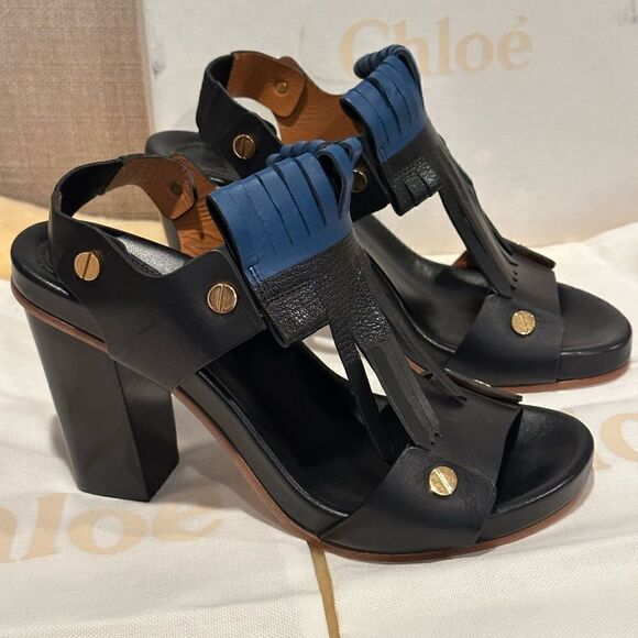 Chloe Black Leather Fringes Block Heel Sandals Size 38 - Picture 2 of 13